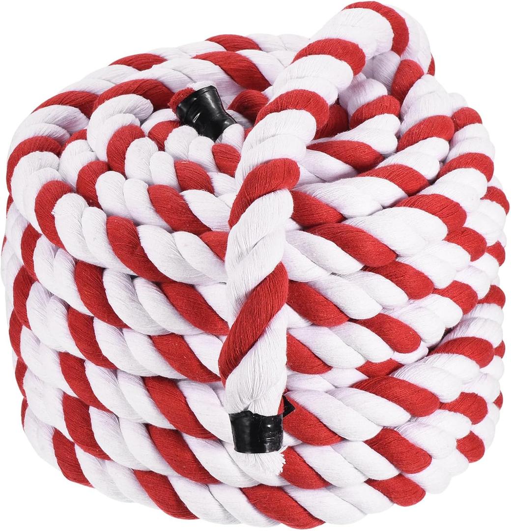 PATIKIL 1 Inch x 50 Feet Natural Twisted Cotton Rope 3 Strand Strong Thick Cotton Rope Tug of War Rope for Railings Crafts Games Home Decor, Red White
