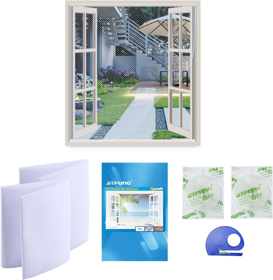 DIY Window Screen Curtain, 2 Packs of Mesh Netting 51 * 61 inches with [Upgrade] Self-Adhesive Hook Tapes & Cutter, Suitable for Multiple Windows, White (Set of 2)