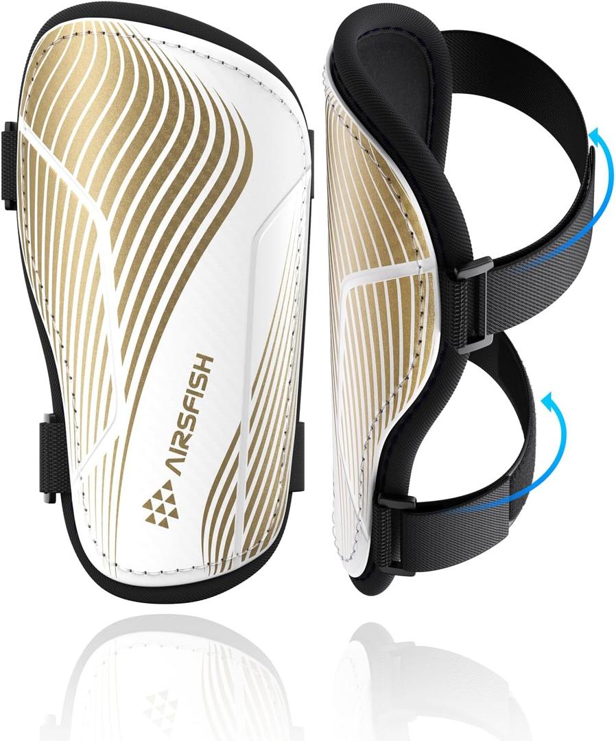 Shin Guards Soccer Kids Youth, CE Certified Airsfish Shin Guard Protection Gear for 2-18 Years Old Boys Girls Teenagers High Impact Resistant Breathable Comfortable 1 Pair 4 Sizes (X-Small, White+Gold Wave)