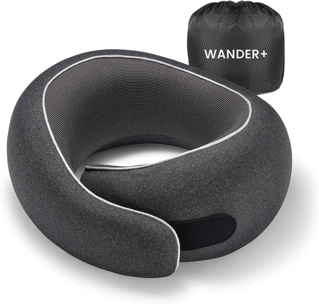 WANDER PLUS Travel Neck Pillow, Pure Memory Foam Neck Pillow for Airplanes, Comfortable Breathable Cover, 360 Degree Support Ergonomic Design Best for Sleeping Plane Train Travel Essentials Max Black