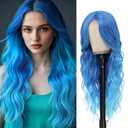 Long Blue Wavy Wig Middle Part for Women 26 Inch Ombre Blue Curly Wavy Wig Natural Looking Synthetic Heat Resistant Fiber Wig for Daily Party Use