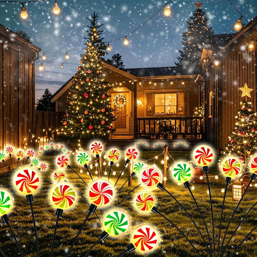 4 Pcs Upgraded Solar Christmas Decorations Outdoor Candy Cane Lights, 8 Modes 32 LED Solar Christmas Pathway Lights,Xmas Waterproof Solar Firefly Lights for Garden/Patio/Lawn
