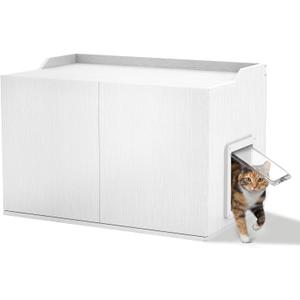 Cat Litter Box Enclosure Furniture with Cat Door, Extra Large Hidden Litter Box Cabinet for XL Boxes, 31.5" L x 19.8" W x 21.1" H, Wooden Cat Box Furniture Odor Control, White