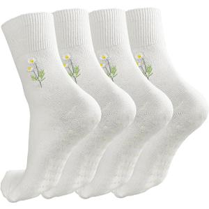 Cute Embroidered Yoga Socks for Women – Non-Slip Grip Socks with Floral Design, One Size Fits Most, 4 Pairs