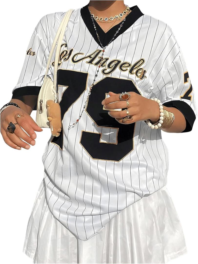 Verdusa Women's Jersey Shirts for Women Y2k Oversized Plus T Shirt Striped Number Graphic Tees Streetwear Tops (3X-Large Plus, Black and White)