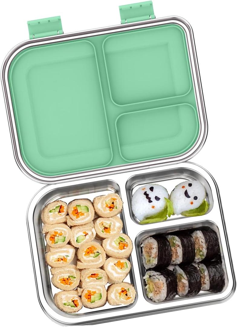 Stainless Steel Bento Box for Kids 1000ml - 3 Compartment Lunch Box for Adults, Leakproof Food Container, BPA-Free Metal Lunch Box with Silicone Seal, Eco-Friendly/Dishwasher Safe (Green)