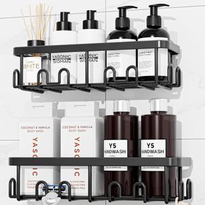 YASONIC Shower Caddy Adhesive 2-Pack, Rustproof Shower Organizer with Holder, No-Drill Shower Shelves for Inside the Shower, Large-Capacity Bathroom Organizers and Storage for Dorms & Renters, Black