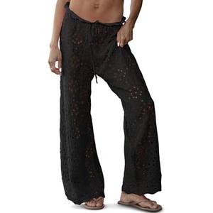 Saodimallsu Womens Crochet Swimsuit Coverup Pants High Waisted Drawstring Sexy Sheer Mesh Knit Wide Leg Beach Pants Size XL