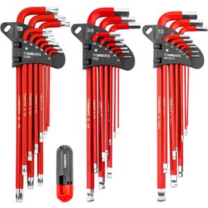 TOMMARS Hex Key Set Magnetic Ball End S2 Steel With T-Handle Hex Key Allen Wrench Set SAE(1/16"-3/8") Metric(1.5mm-10mm) TORX(T10-T50)