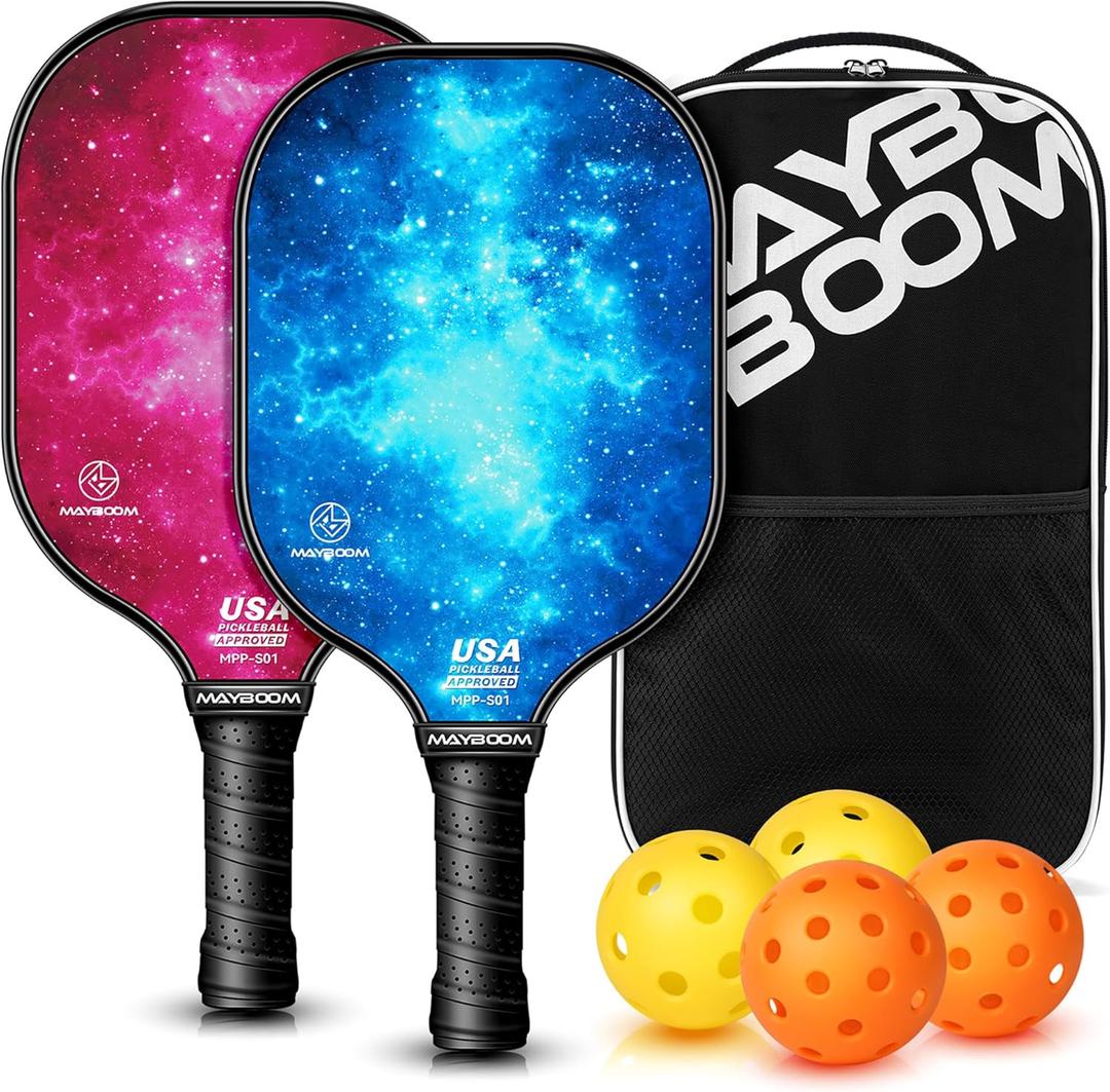 Mayboom Pickleball Paddles Set of 2 or 4, USAPA Approved Pickleball Set with 4 Pickleball Balls and Pickleball Bag, Fiberglass Pickle Ball Rackets 2 Pack for Beginner (Blue&Red)