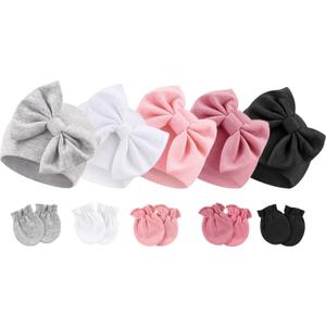 BQUBO Newborn Baby Girls Hats Mittens Set Hospital Hat Beanie Infant Bow Hats Baby Cotton Gloves for 0-6 Months