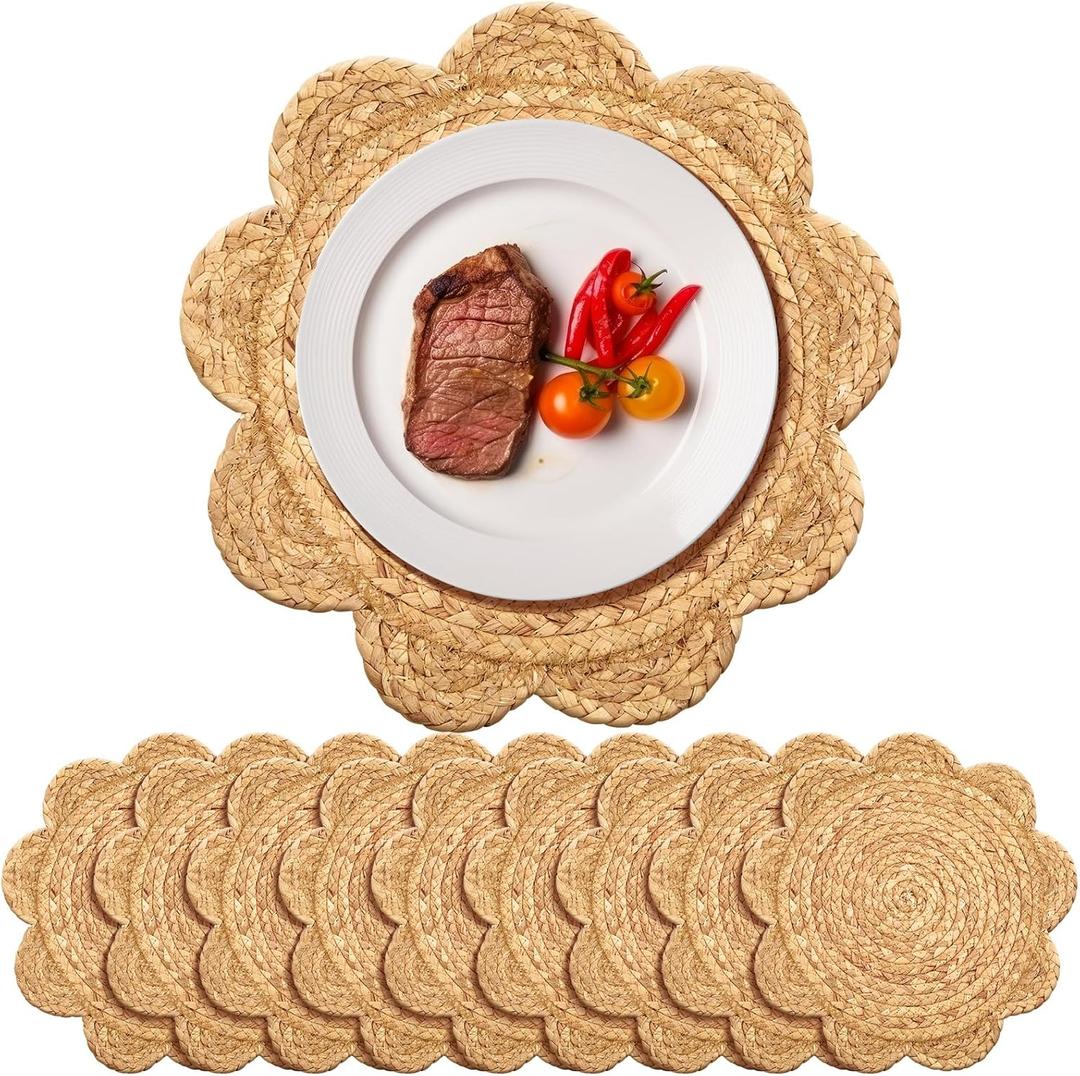 10 Set 13.8 Inch Round Woven Rattan Placemats Plate Chargers, Scalloped Edge Rattan Place Mats, Boho Farmhouse Braided Straw Table Mats for House Warming Gifts Dining Table Decor, Party