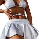 DaiLiWei 3 Piece Swimsuits for Women Festival Rave Outfits Metallic Glitter Bikini Sets Sexy Bathing Suit Beach Skirt 2025 M