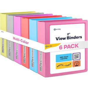 3 Slant D-Ring Binder 2 Inch Binder, 2 in Clear View Cover w/ 2 Inside Pocket, Heavy Duty Colored School Supplies Binders in Grey, Blue, Pink, Red, Green, Purple, Multicolor (6 PC)  by Enday