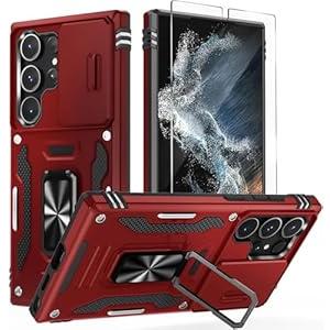 WRJ Case for Samsung Galaxy S25 Ultra 6.9-Inch Case with Slide Camera Cover and Screen Protector, Military Grade Protection [Rotated Ring Kickstand] Heavy Duty Shockproof Protective Case-Red