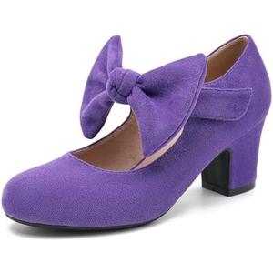 Peijely Women's Bow Mary Jane Chunky Heel Pumps Ankle Strap Round Toe Dress Wedding Party Shoes Size 42