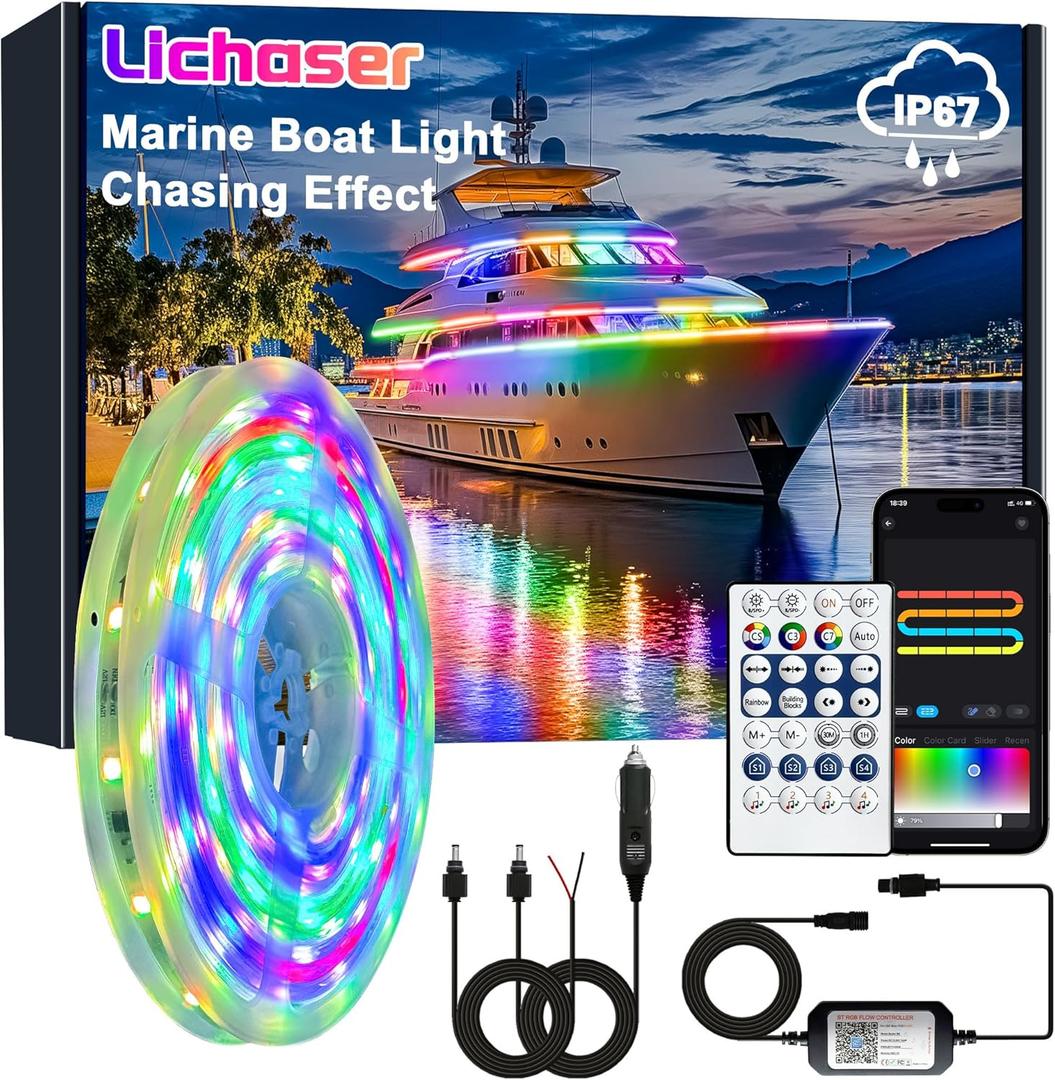 Lichaser Boat LED Strip Light RGB+IC, Marine LED Light Strip for Pontoon with Remote, Segment App Control Boat Light Waterproof 12V, Cool Stuff for Jon Boat, Bass Boat, Camper, RV (16.5ft)
