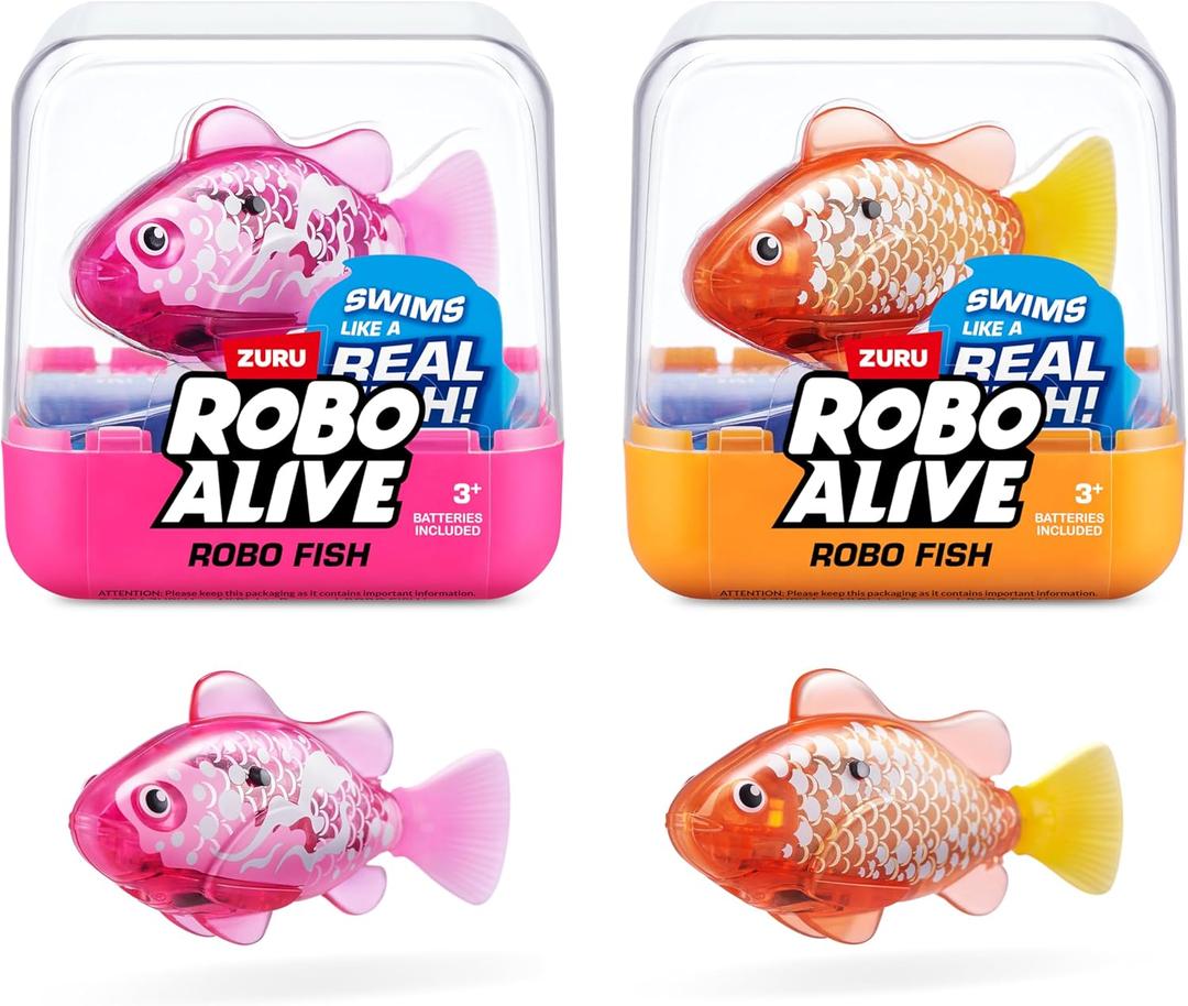 Robo Alive Robo Fish Robotic Swimming Fish (Pink + Golden) by ZURU Water Activated, Changes Color, Comes with Batteries, (2 Pack) Series 3 (2 Piece Set)