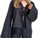 Chvity Tie Front Tops for Women Y2K Linen Shirts Flare Sleeve V Neck Going Out Coquette Clothes Casual Lace Up Bow Blouses (X-Large, Black)