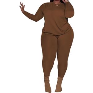 PINSV Women's Plus Size 2 Piece Outfits Tracksuits Long Sleeve Top Pants Sets Sweatsuit (XX-Large Plus, Brown)