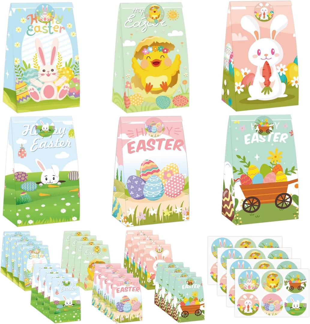 MKLTUHGDG 24 PCS Easter Treat Bags, Easter Goodie Bags, Paper Bags with Stickers Easter Gift Bags for Kids Easter Party Favors Cookies