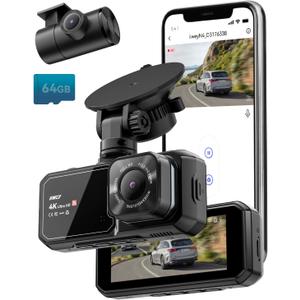 IIWEY 4K Dash Cam Front and Rear for Cars, Dual UHD Camera with WiFi, Free 64GB Card, 3.16" IPS, G-Sensor, Parking Mode, Loop Recording, WDR