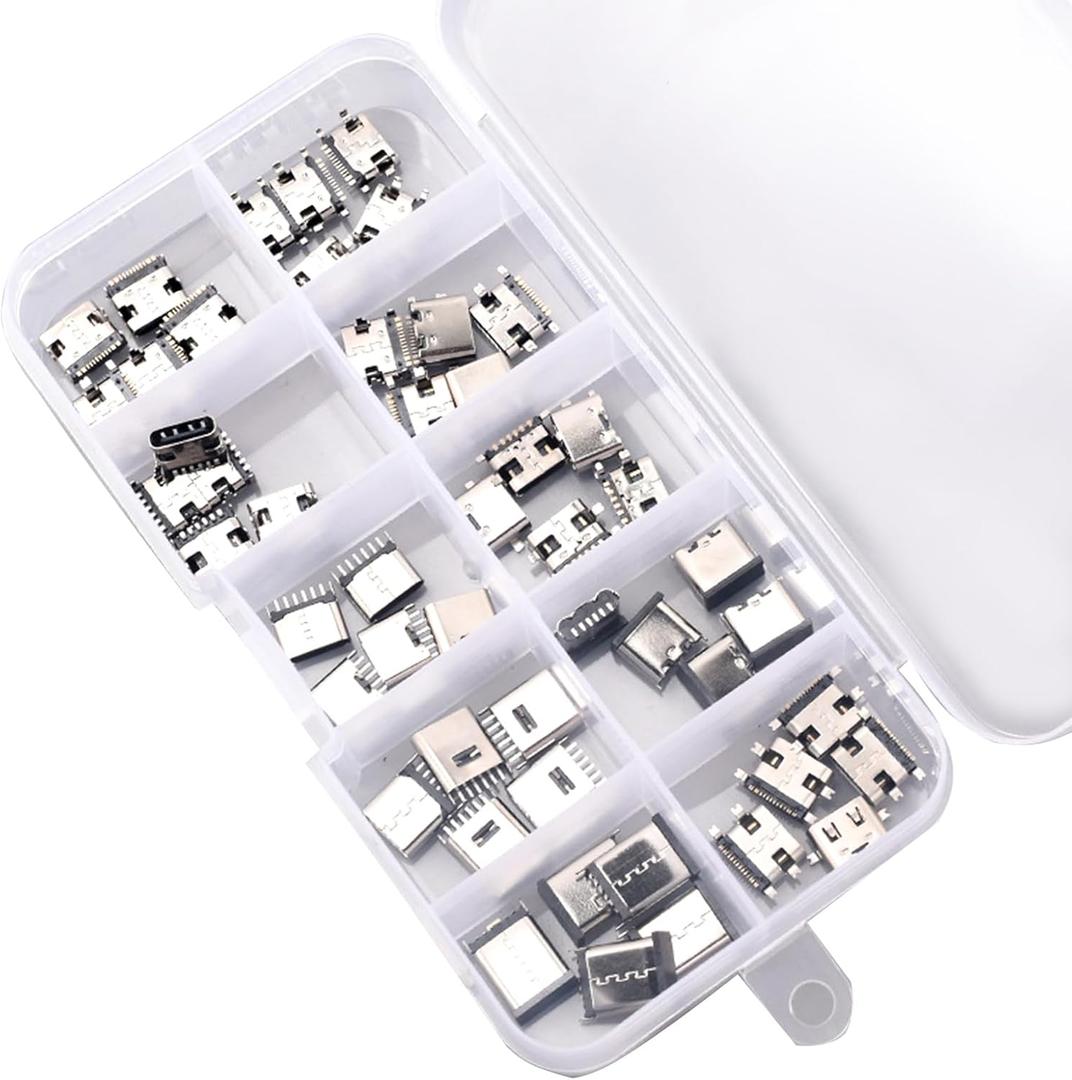 50Pcs 10 Models USB C Charger Port Replacement, Type C PCB SMT Charging Port Femal Socket Solder Connector for Mobile Phone and Other Product Repair Kits