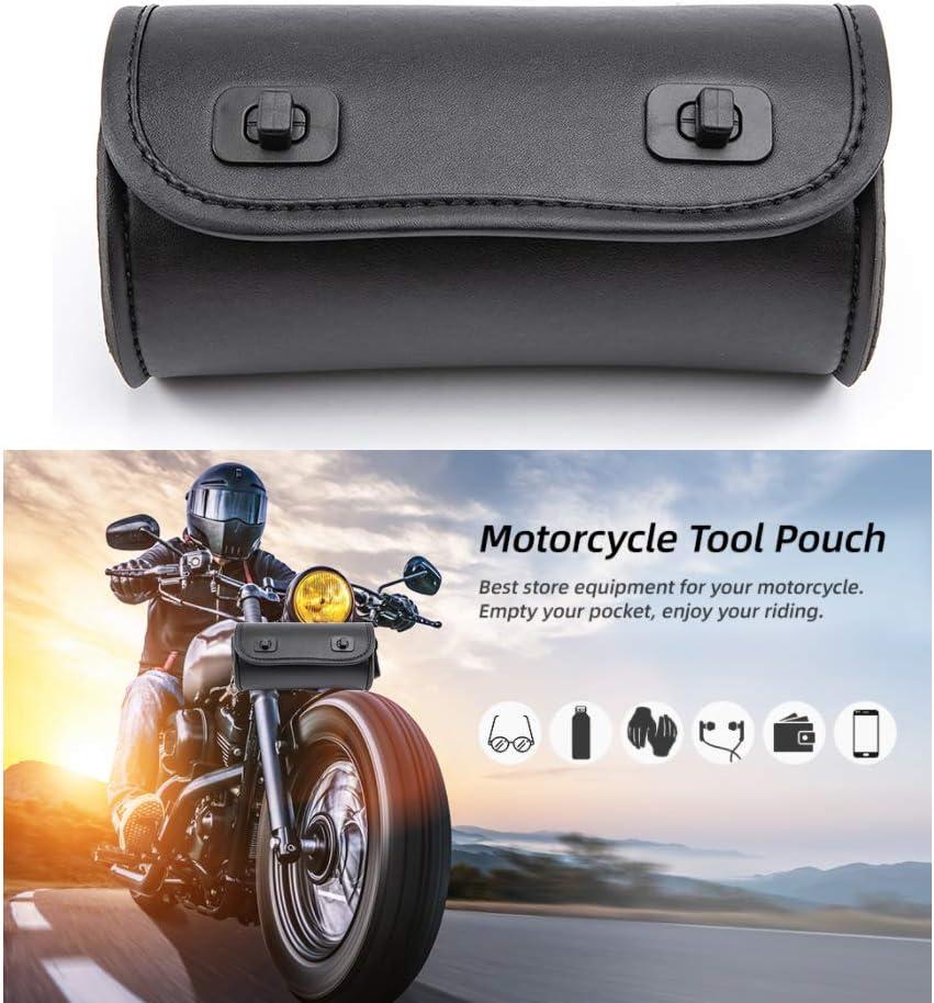 evomosa Motorcycle Fork Bag PU Leather Bike Handlebar Tool Bag Sissy Bar Roll Storage Bag - Small (Black)