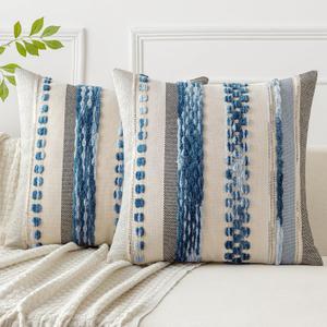 Woaboy Boho Throw Pillow Covers Set of 2 18x18 Inch Sky Coastal Blue Farmhouse Decorative Cushion Cases Striped Chenille Pillow Covers Accent Pillowcase for Sofa Couch Bed
