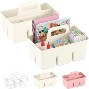 Lifewit 2-Pack Plastic Divided Caddy Organizer with Handle, Portable Art Supply Storage Organizer for Craft Supplies, Cosmetics, Holds Pencil, Crayon, Brushes, Hair Product, Dorm Shower Caddy, White