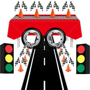31 Pcs Race Car Party Decoration Supplies - Racing Flag Checkered Tablecloth Track Running Mat Traffic Cones Traffic Light Gift Boxes Tire Tube Swimming Ring for Racing Car Birthday Decorations