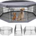 PETIME Foldable Metal Dog Exercise Pen/Pet Puppy Playpen Kennels Yard Fence Indoor/Outdoor 8 Panel 24" W with Top Cover and Bottom Pad (Playpen+Bottom+Top Cover, 8 Panels 36" H)
