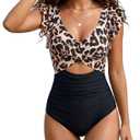 B2prity One Piece Swimsuits for Women Ruffle Sleeve V Neck Bathing Suit Tummy Control Cutout Monokini Slimming Swimwear Leopard Black, Large