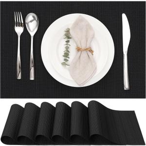 Myir JUN Placemats Set of 6, Vinyl Woven Placemats Place Mats Indoor Washable Table Mats Non-Slip Place mats for Dining Table (Black, Set of 6)