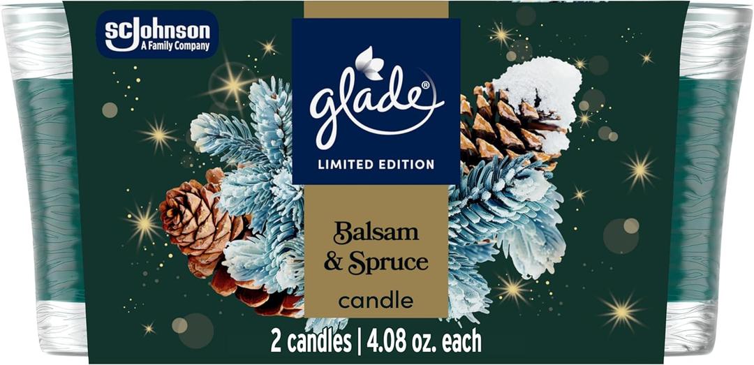 Glade 1-Wick Scented Candle Jar, Balsam & Spruce, Air Freshener Infused with Essential Oils, 4.08 Oz, 2 Count