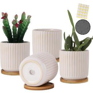 4 Inch Ceramic Plant Pot with Saucer, Creative Stripe Small Planters Pots with Drainage Hole and Mesh Pads for Succulent, Cactus, Herbs, White - Set of 4