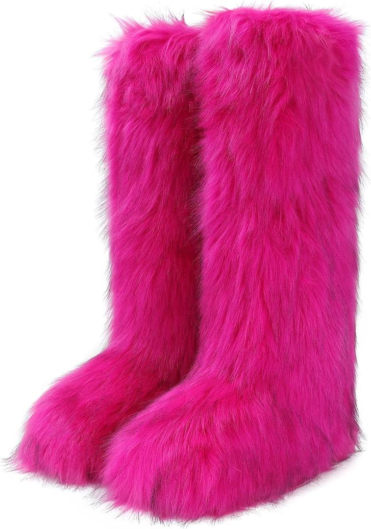 Wnshonzy Fur Boots for Women Knee High Tall Long Furry Fuzzy Pink Y2k Fluffy Platform Flat Mini Boot Snow Winter Round Toe Comfortable Mid-Calf Short Ankle Classic Warm Outdoor 2025 (Pink, M) Size:37