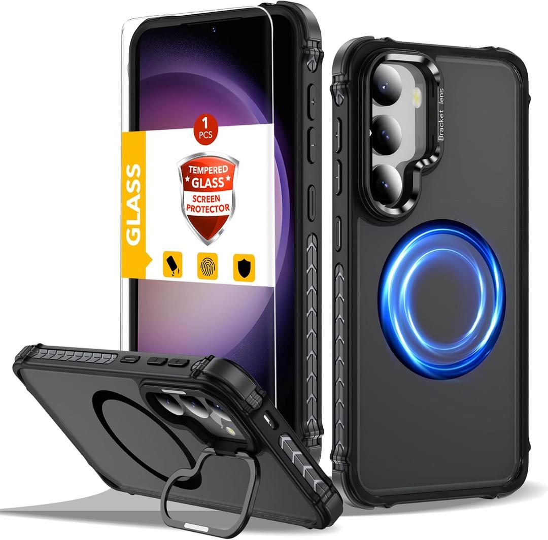 for Samsung Galaxy S23 Case Magnetic Compatible with MagSafe Support Wireless Charger,Built-in Camera Cover Kickstand+with Screen Protector,Military Grade 360Full Phone Protection Black