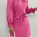 Women's Long Puff Sleeve Mock Neck Ruched Dress Tie Front Fitted Short Dresses, Pink, M