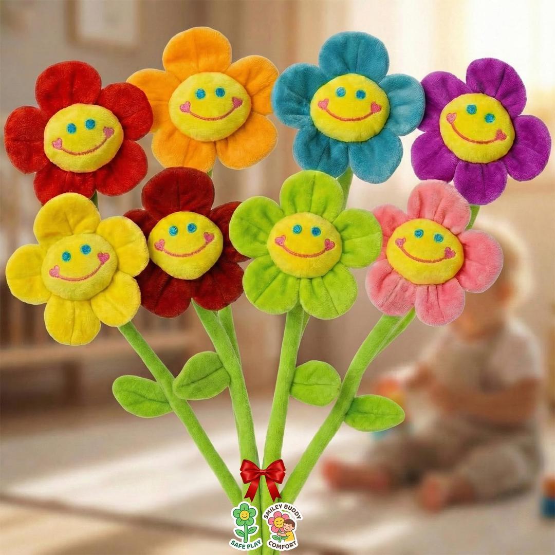 Tplay Flower Plush Stuffed for Toddlers: Bendable 0-Poke Encased Stems - Safe Play Girl Toy - Smiley Bouquet Buddy for Separation Anxiety Valentine Gift Age 2-5