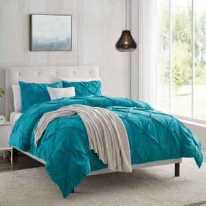 Nestl Teal Pintuck Duvet Cover Set - Full Size 3 Piece Set With Button Closure, 1 Pinch Pleated Cover 80x90 Inches and 2 Pillow Shams - Double Brushed