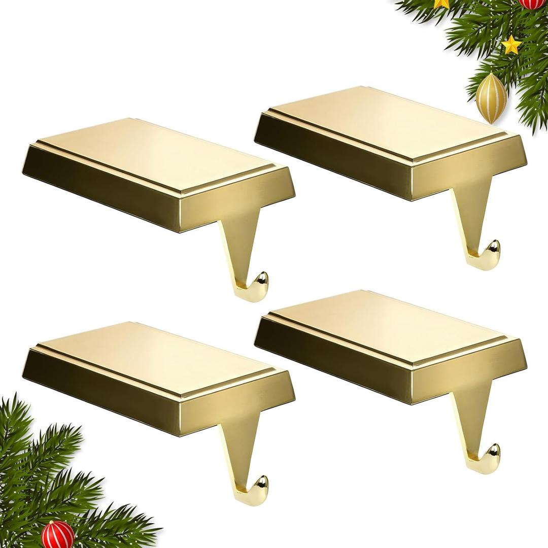 Christmas Stocking Holders for Mantle Set of 4, Heavy Weighted Metal Stocking Holders Hangers Low Profile Stocking Hooks Bases for Fireplace Table Xmas Holiday Party Decoration, Gold