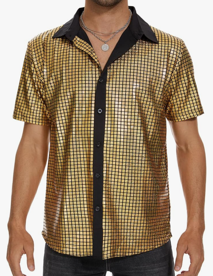 Mens Button Down Disco Shirt Outfit Men Retro 70s Shirts for Men Sequin Metallic Short Sleeve Disco Outfits Party Costume Top, S