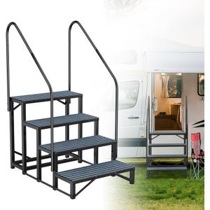 Rv Steps with Handrail 4 Step,Hot Tub Steps with Anti-Slip Mats,Heavy Duty Metal Mobile Home Stairs,Camper Steps for Travel Trailer,Portable Step Ladder for Spa,Pool and Porch
