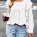 PRETTYGARDEN Women's Long Sleeve Shirts Ruffle Swiss Dot Crochet Loose Fit Tunic Dressy Casual Tops Blouses Spring Fashion (White, XS)