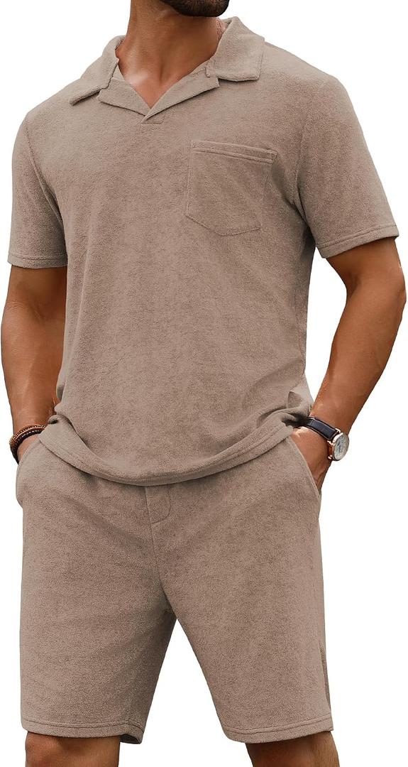 URRU Men's Polo Shirt and Shorts Set Summer Outfits Beach Terry Casual Short Sleeve 2 Piece Short Set for Men (Beige, XXL)
