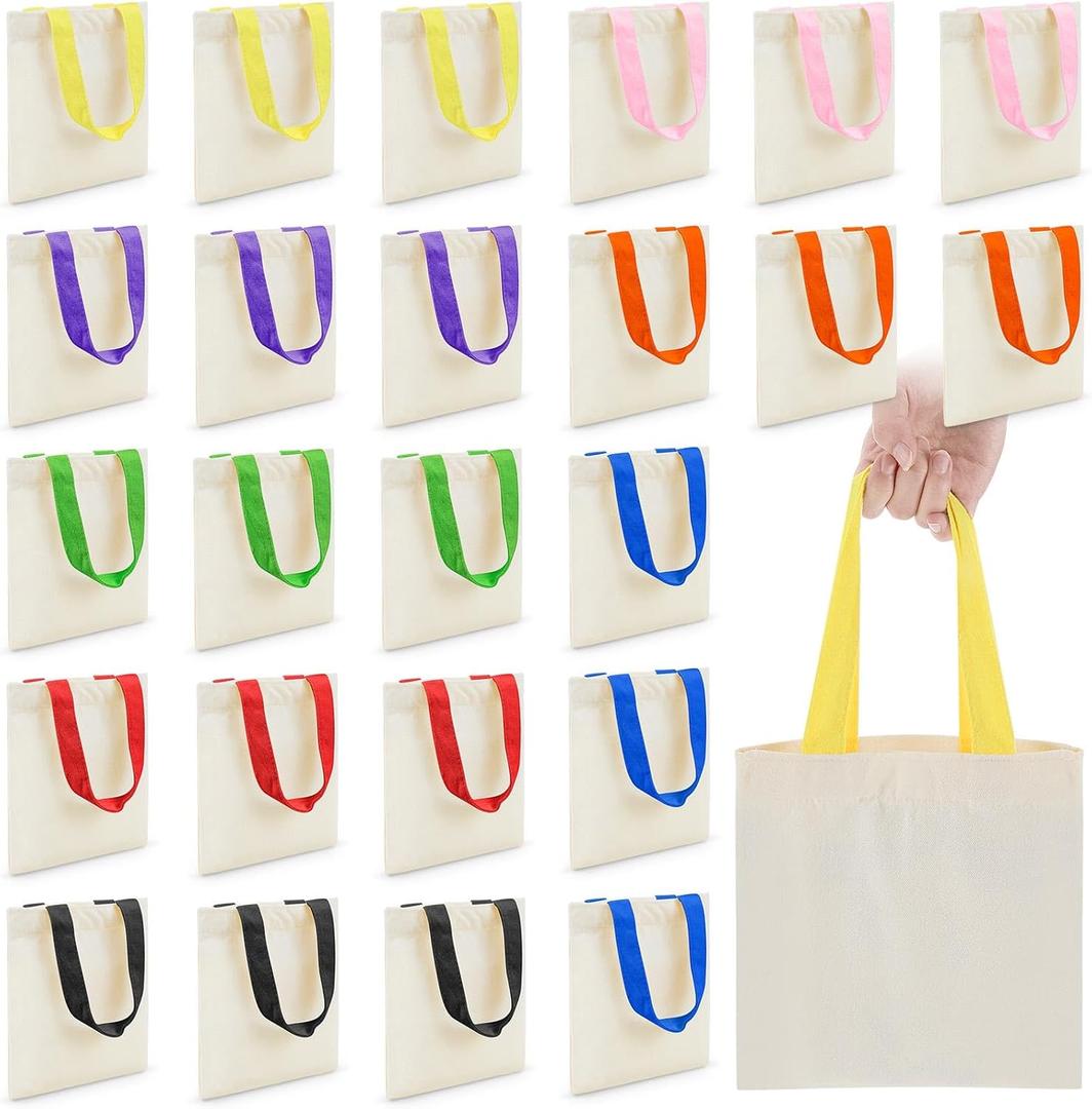 Amylove 12 Pcs Mini Tote Bag Sublimation Blank Canvas Tote Bags Reusable for Grocery Shopping, DIY, Easter Party Favor Gift Bags (8.5 x 8 Inch,Natural with Colorful Handle)