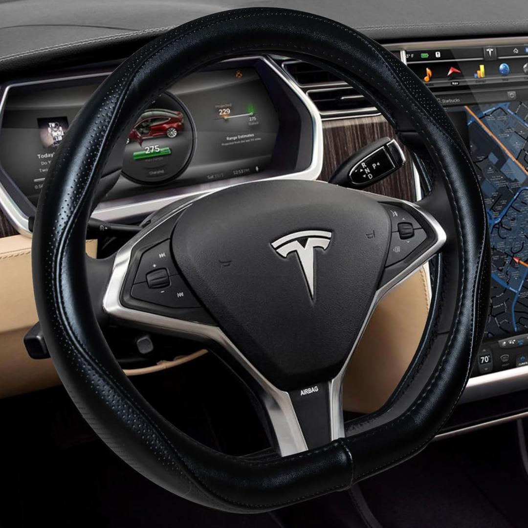 Heavy Duty Pure Cowhide Steering Wheel Cover for Tesla Model Y/3 2016-2025 2026 Highland/Juniper, Black,14 Inch Small Sized, Custom-Fit Genuine Leather Steering Wheel Cover for Tesla Black