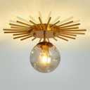 UOFUS Gold Sunburst Semi Flush Mount Ceiling Light Fixture with Glass Globe 1-Light Small Chandelier Farmhouse Ceiling Lamp for Hallway Stairwell Foyer Office Entryway