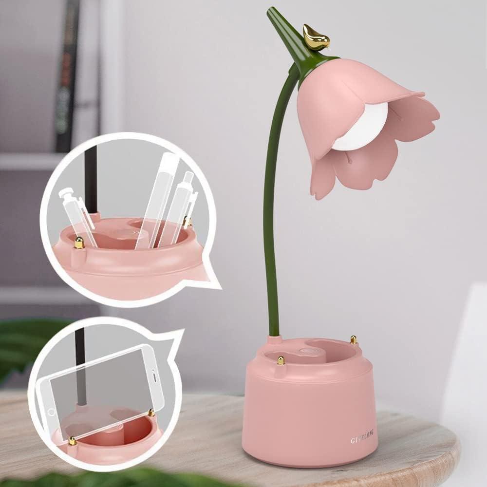 Pink Cute Desk Lamp for Kid, Rechargeable LED Lamp with USB Charging Port, Flexible Gooseneck, 3 Color Modes & Stepless Dimming, Table Lamp for College Dorm Bedroom Reading